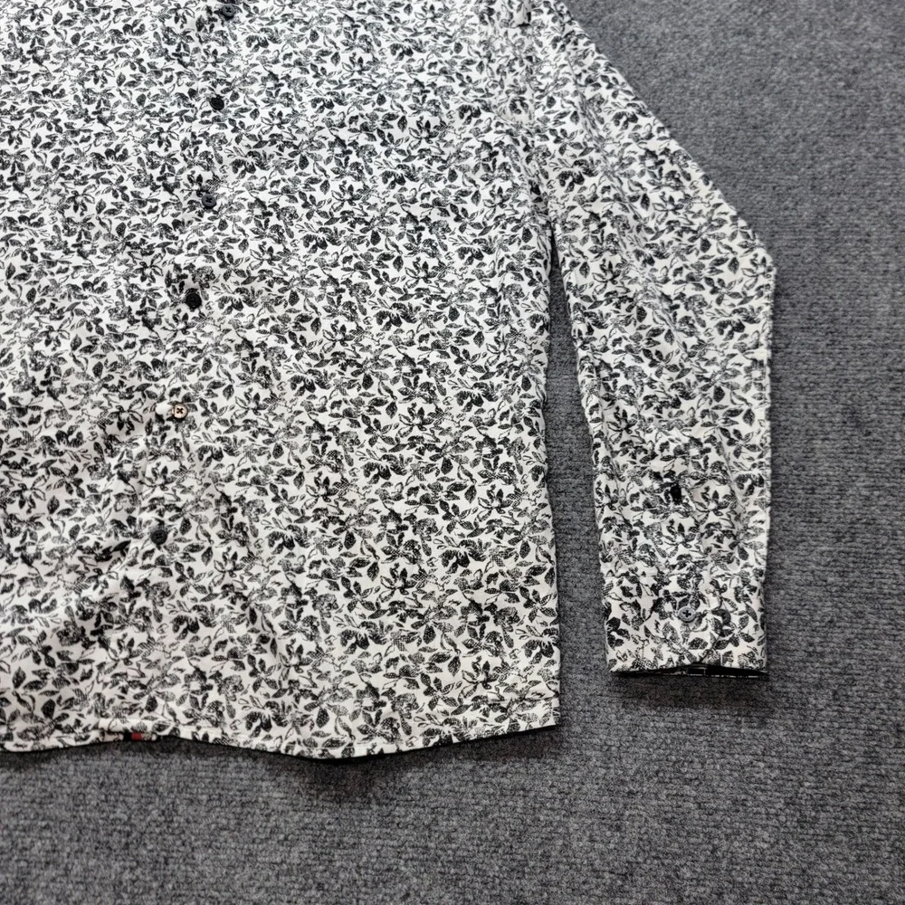 Barabas Mens XL White Black Floral Print Long Sleeve Button Down Cotton Shirt